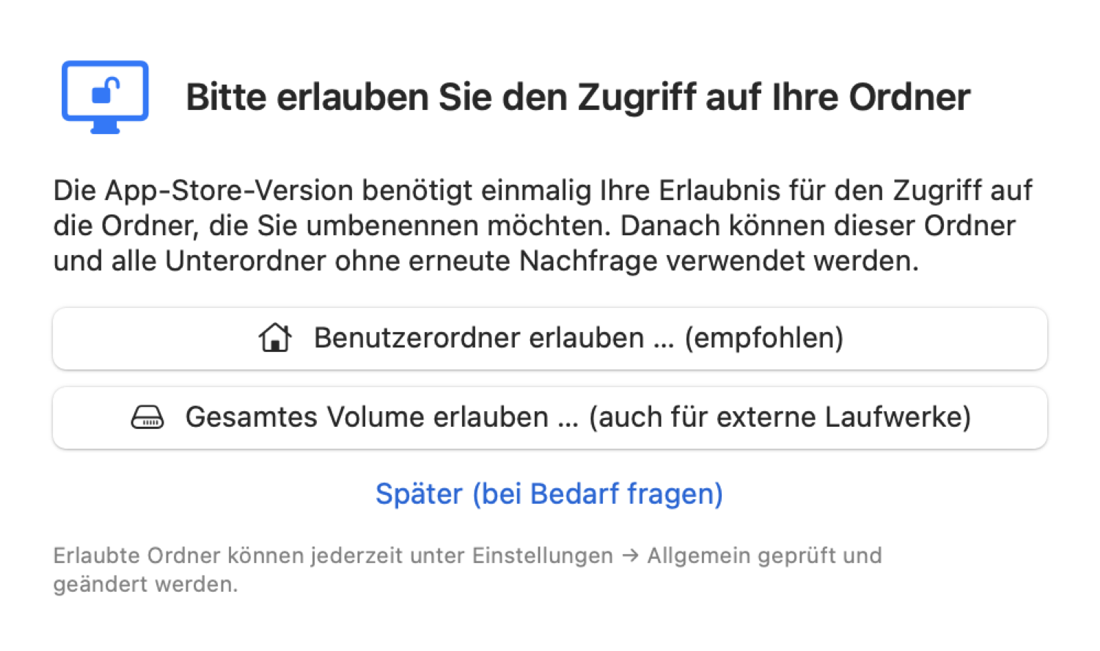 Bitte erlauben Sie den Zugriff auf Ihre Ordner