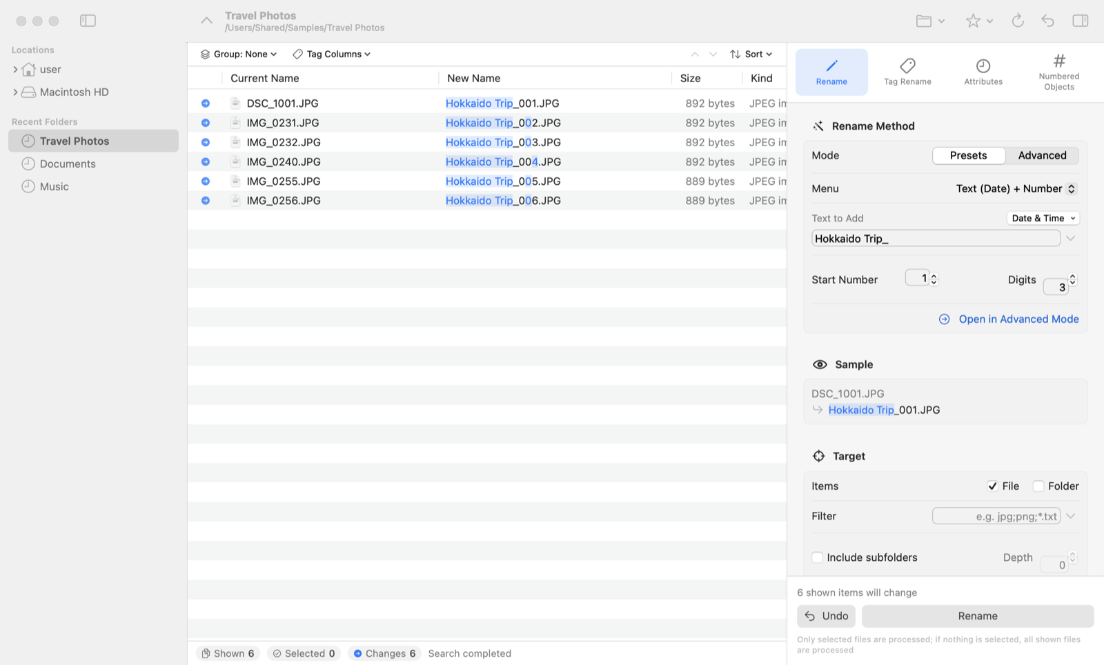RenameKing main window: folders on the left, current and new names in the middle, settings on the right.