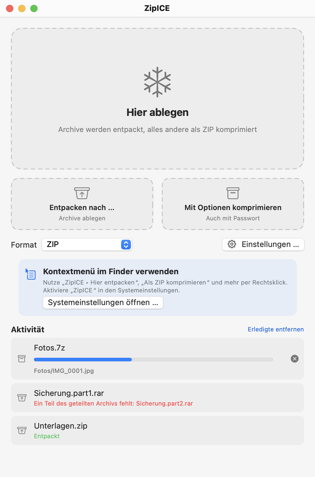 Hauptfenster von ZipICE: ein großer Bereich „Hier ablegen“, darunter „Entpacken nach …“ und „Mit Optionen komprimieren“.