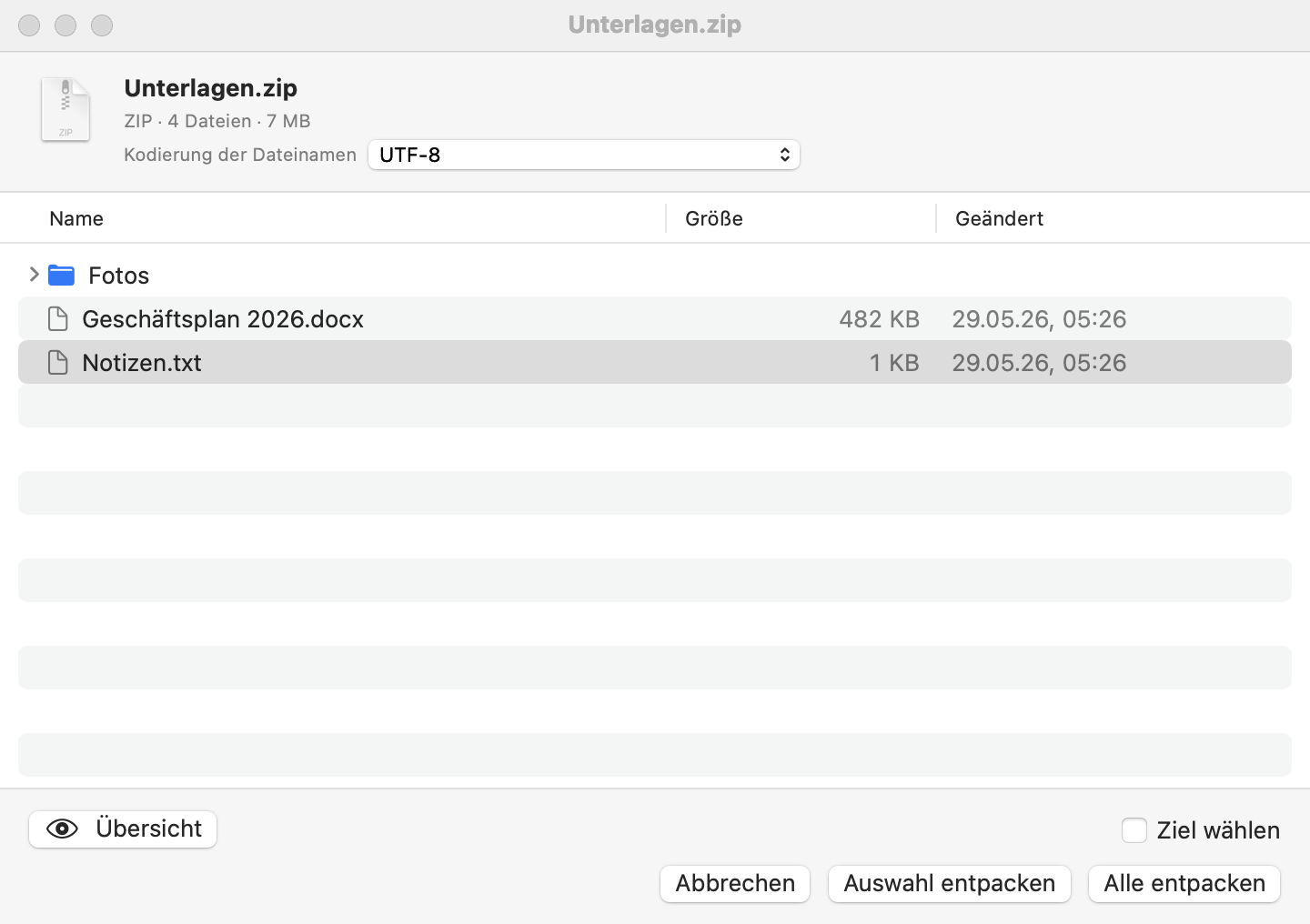 Das Vorschaufenster: Inhalt des Archivs mit den Tasten Übersicht, Auswahl entpacken und Alle entpacken
