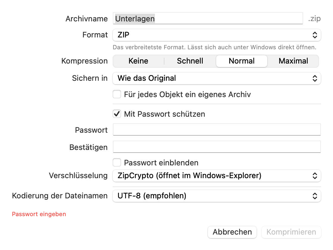 Das Komprimierungsfenster zur Wahl von Name, Format, Stufe, Speicherort, Passwort und Verschlüsselung