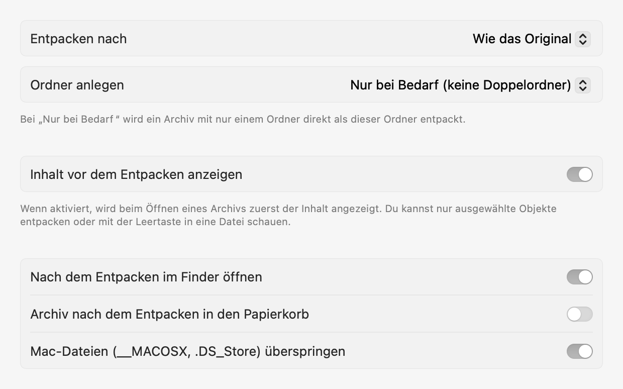Einstellungen: Entpacken