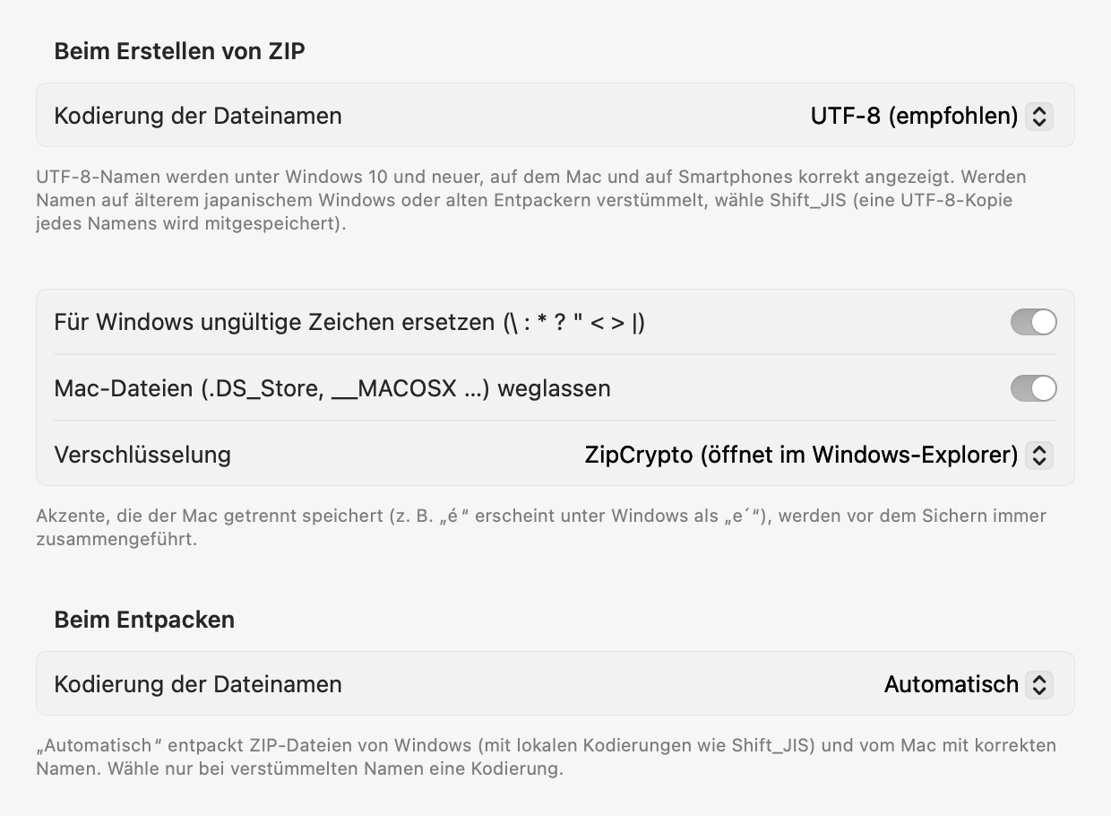 Einstellungen für Dateinamen: Kodierung neuer ZIP-Dateien, Ersetzen ungültiger Zeichen, Weglassen von Mac-Dateien und mehr
