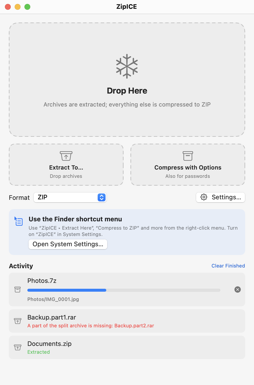 ZipICE main window: a large “Drop Here” area with Extract To… and Compress with Options below.