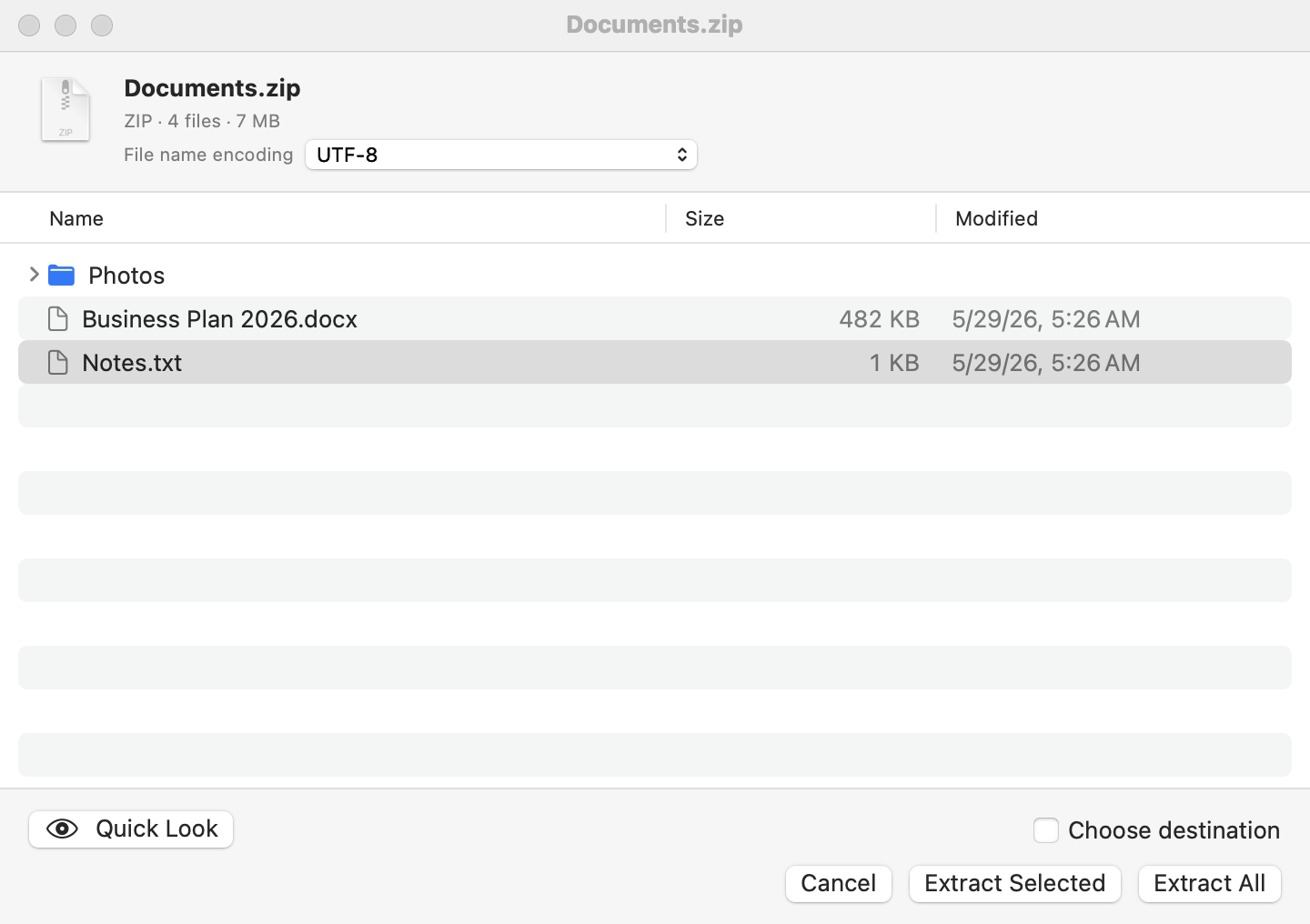 The preview window: the archive’s contents with Quick Look, Extract Selected and Extract All buttons