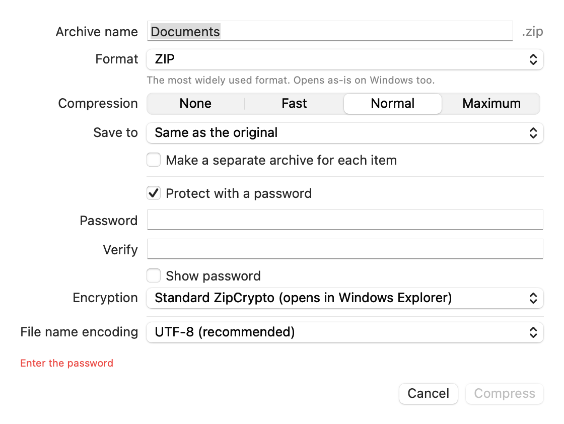 The compression window for choosing the archive name, format, level, location, password and encryption