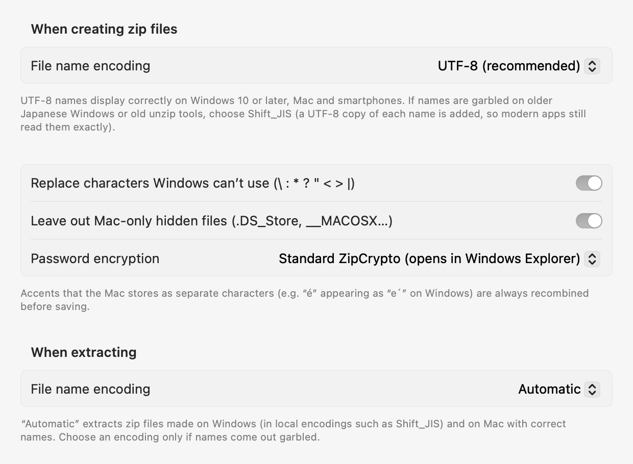 File name settings: encoding for new zip files, replacing characters Windows can’t use, leaving out Mac-only hidden files and more