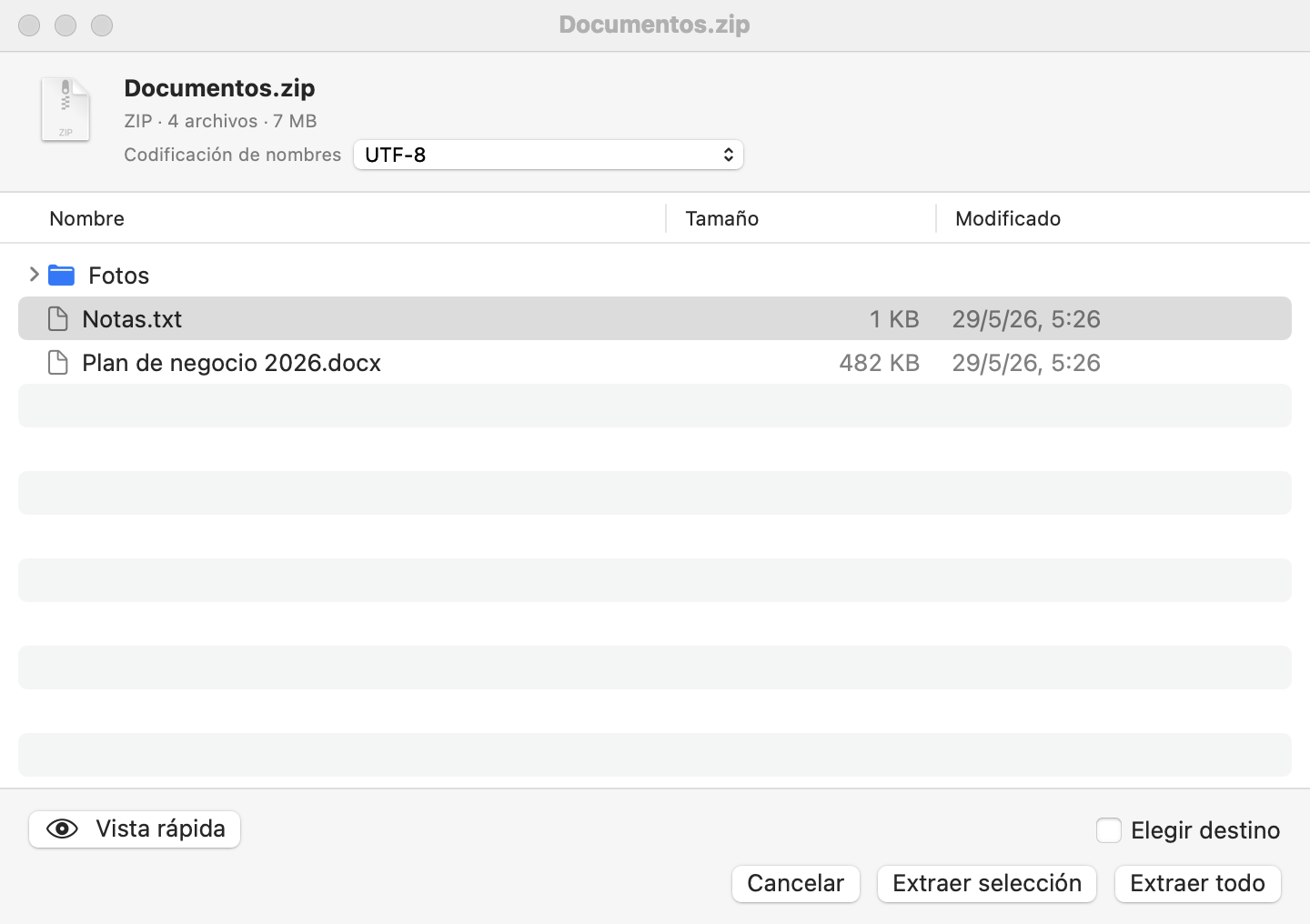 La ventana de vista previa: el contenido del archivo con los botones Vista rápida, Extraer selección y Extraer todo