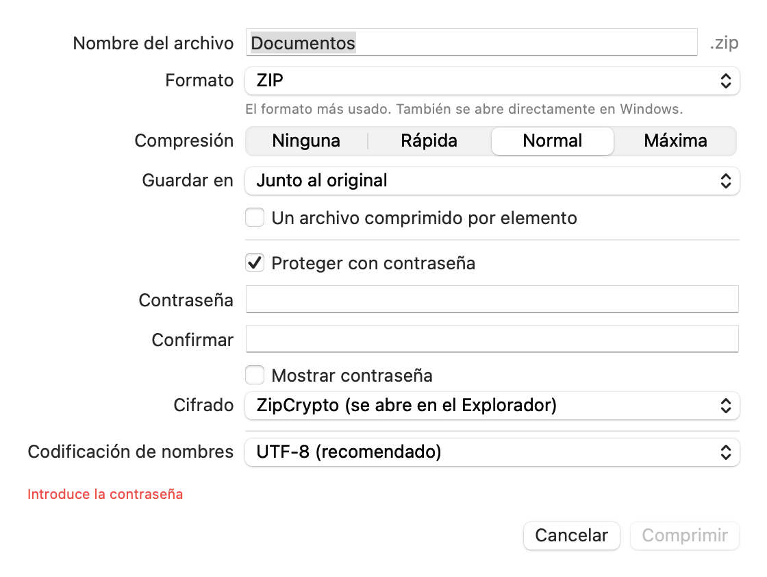 La ventana de compresión para elegir nombre, formato, nivel, ubicación, contraseña y cifrado