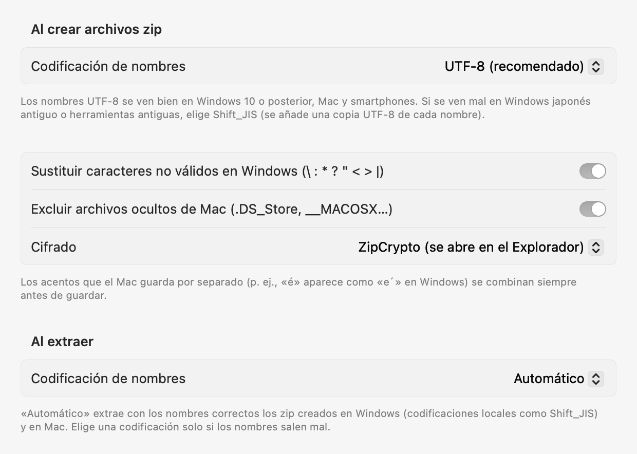 Ajustes de nombres: codificación de los zip nuevos, sustitución de caracteres no válidos en Windows, exclusión de archivos ocultos de Mac, etc.