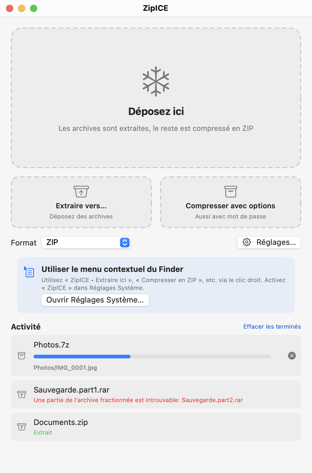 Fenêtre principale de ZipICE : une grande zone « Déposez ici », avec Extraire vers… et Compresser avec options en dessous.