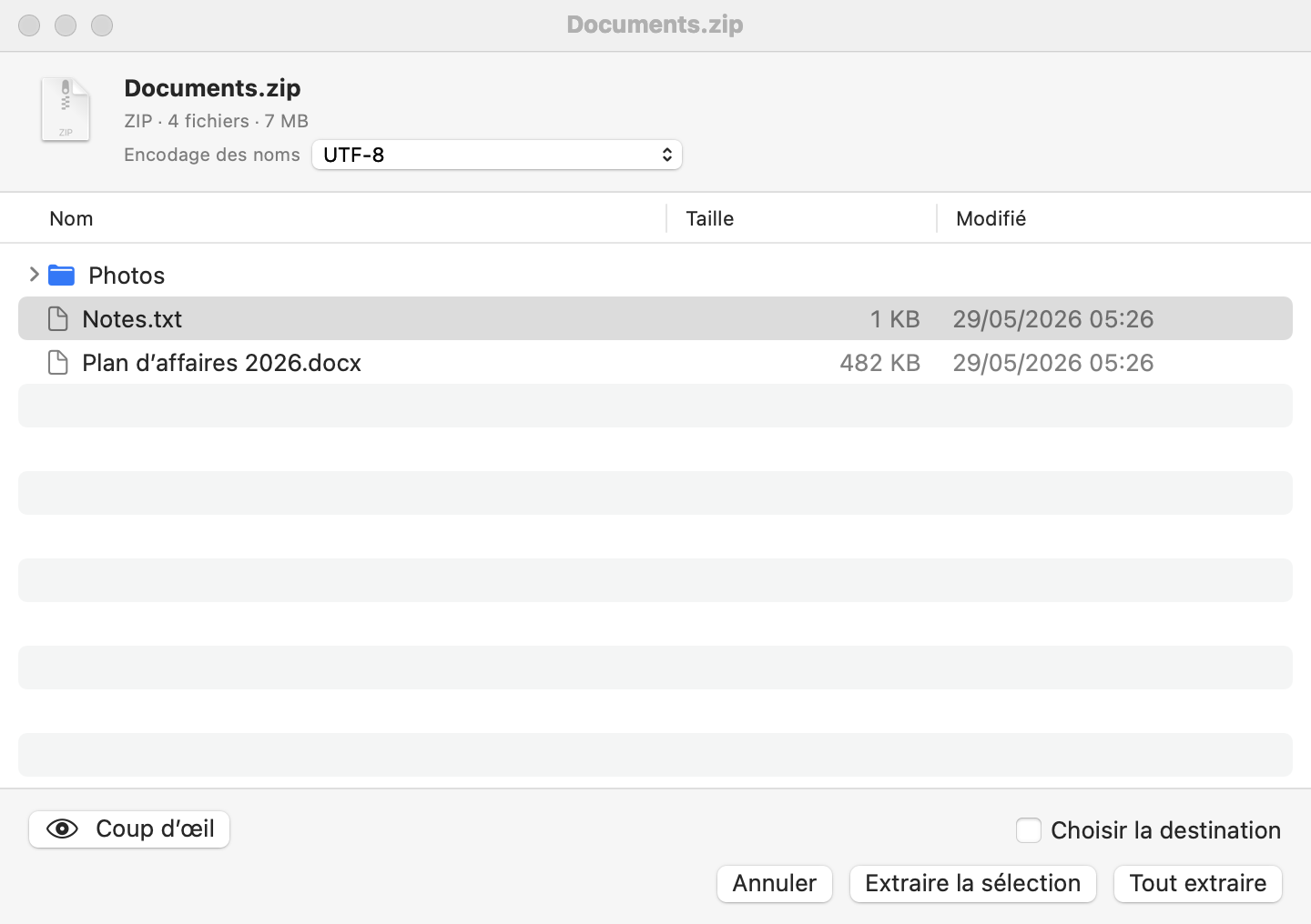 La fenêtre d’aperçu : contenu de l’archive avec les boutons Coup d’œil, Extraire la sélection et Tout extraire