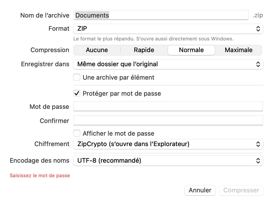 La fenêtre de compression pour choisir le nom, le format, le niveau, l’emplacement, le mot de passe et le chiffrement