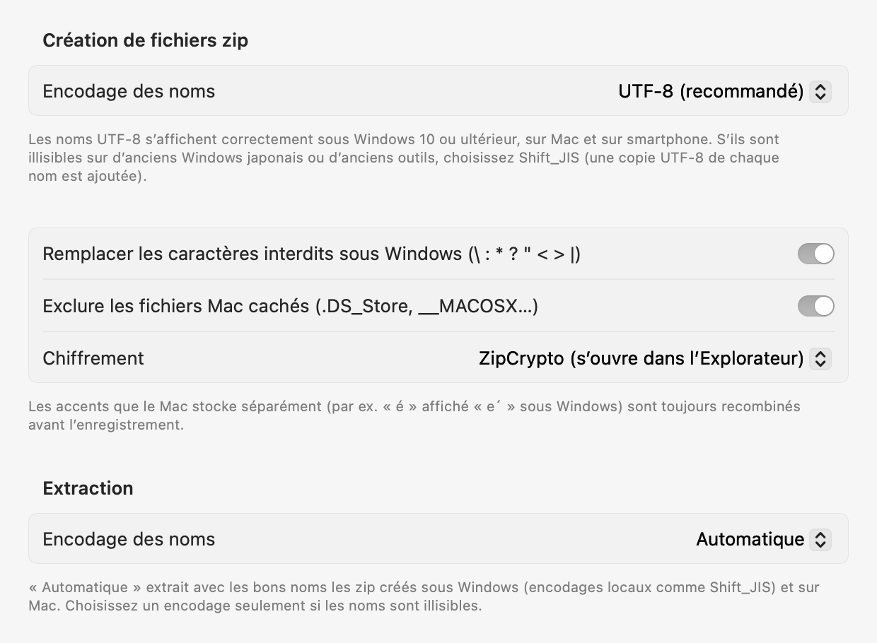 Réglages des noms de fichiers : encodage des nouveaux zip, remplacement des caractères interdits sous Windows, exclusion des fichiers Mac cachés, etc.