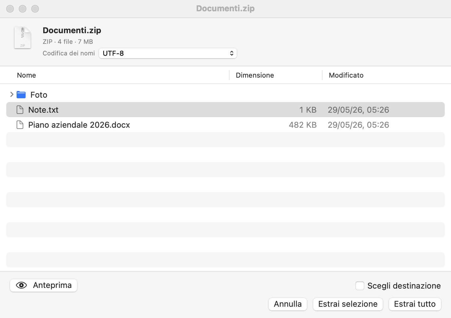 La finestra di anteprima: il contenuto dell’archivio con i pulsanti Anteprima, Estrai selezione ed Estrai tutto