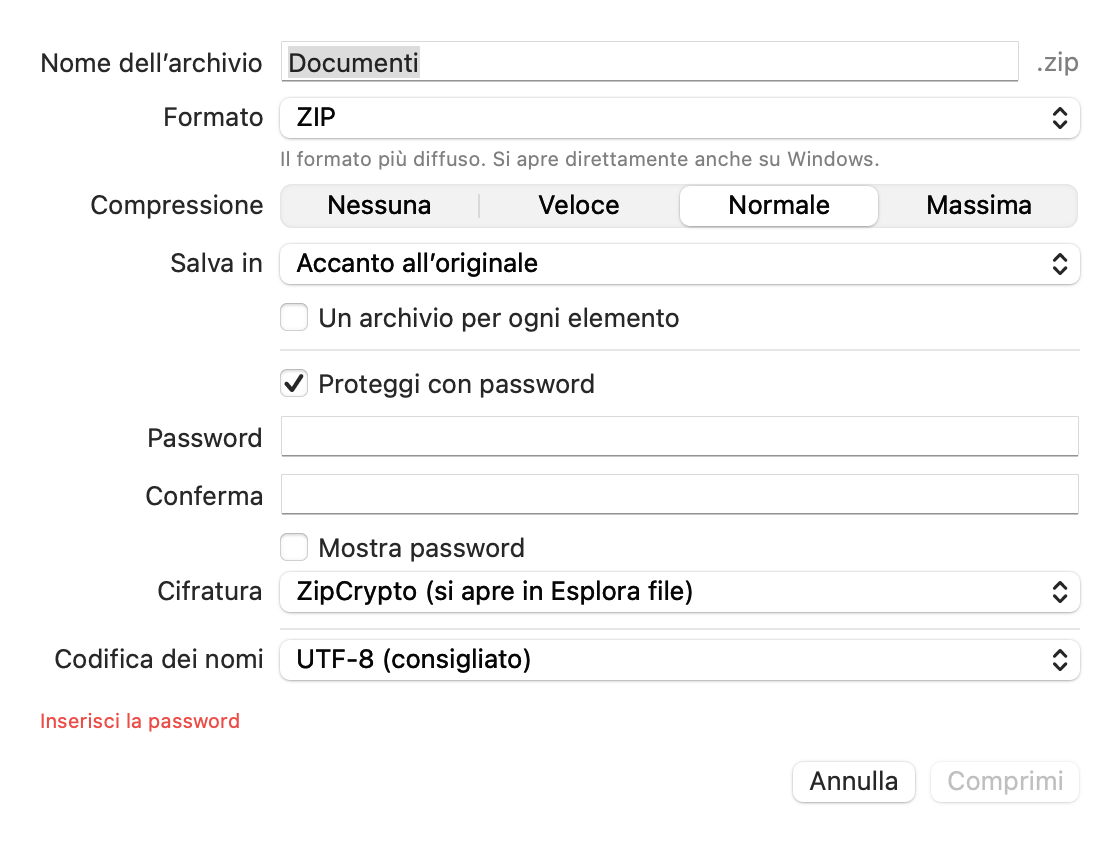 La finestra di compressione per scegliere nome, formato, livello, posizione, password e cifratura