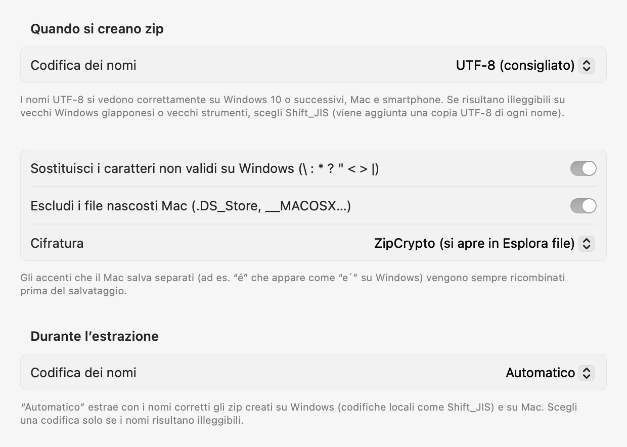 Impostazioni dei nomi dei file: codifica dei nuovi zip, sostituzione dei caratteri non validi su Windows, esclusione dei file nascosti del Mac e altro