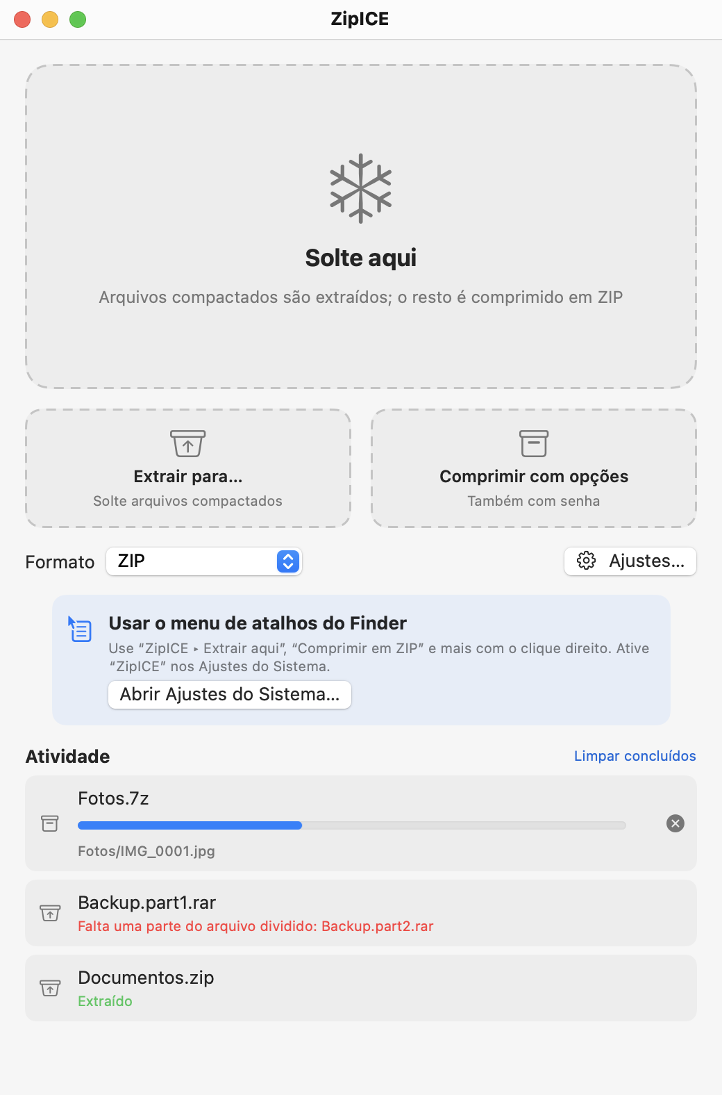Janela principal do ZipICE: uma grande área “Solte aqui”, com Extrair para… e Comprimir com opções abaixo.