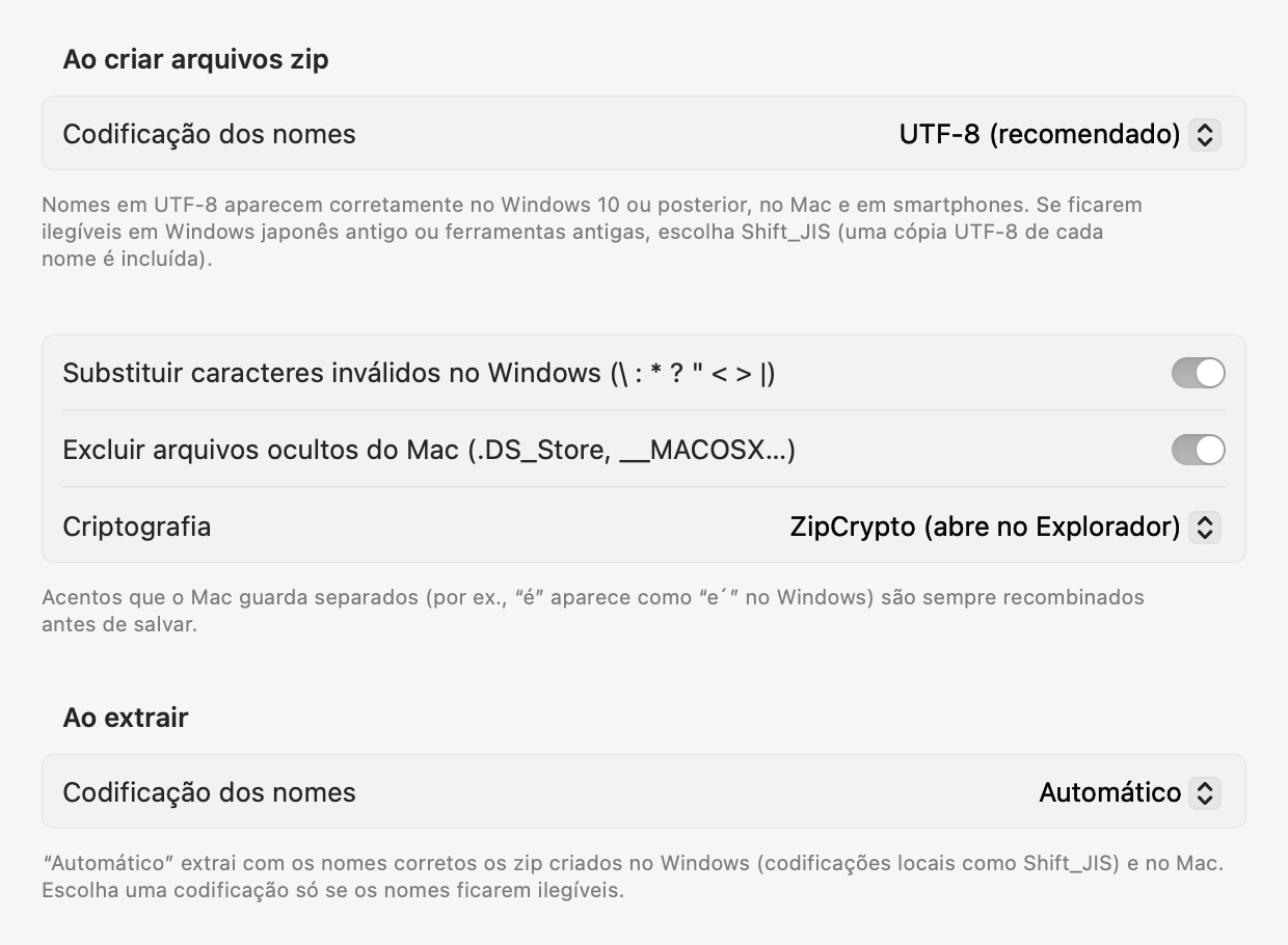 Ajustes de nomes: codificação dos novos zip, substituição de caracteres inválidos no Windows, exclusão de arquivos ocultos do Mac e mais